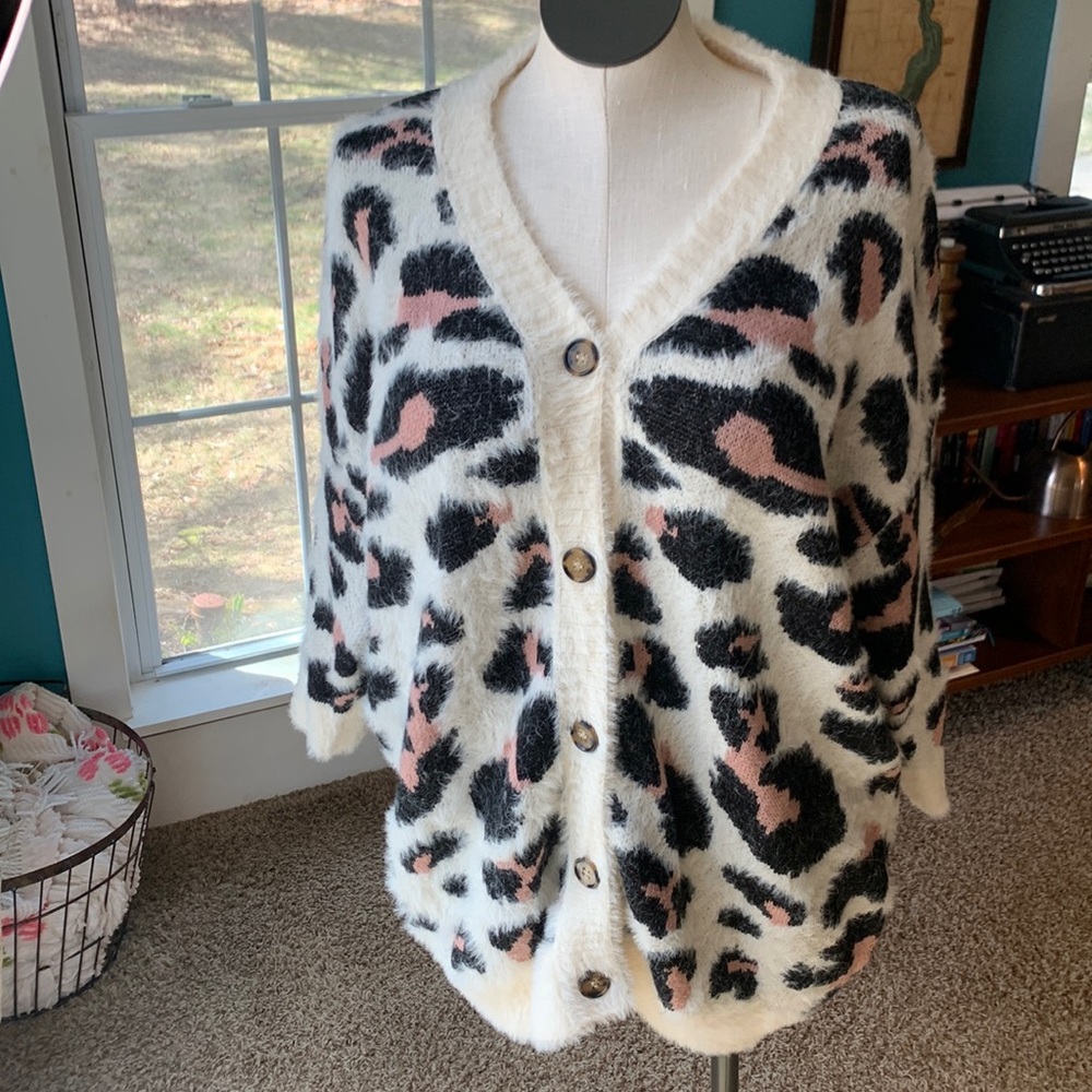Leopard print, eyelash button up sweater